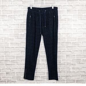 MR TURK Men's Size 32 Navy Blue Drawstring Pants Geo Print terry ankle Zip